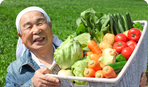 ひだまり農場の山田洋一さんが、カゴに入ったレタスやトマトなどの野菜を笑顔で見せてくれている写真
